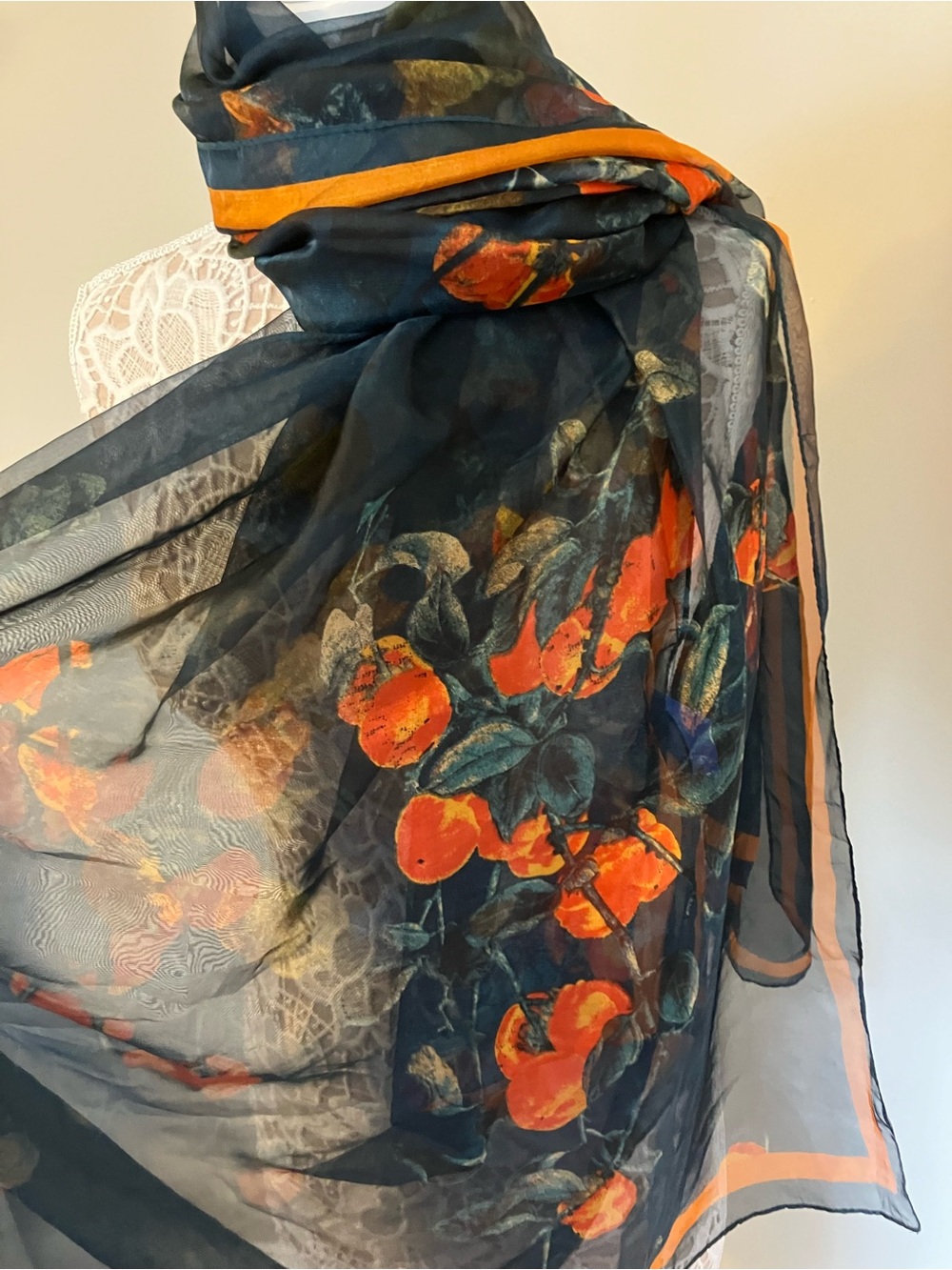 Sheer Floral Orange & Navy Scarf - Lightweight Women's Accessory